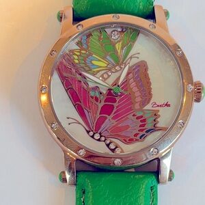Bertha Butterfly Themed Green Watch in Rose Gold Tone With Leather Strap